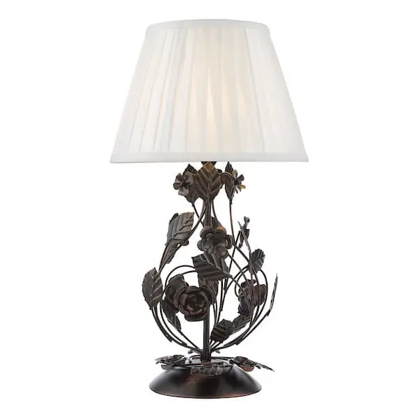 white lamp shade with dark brown flowery base
