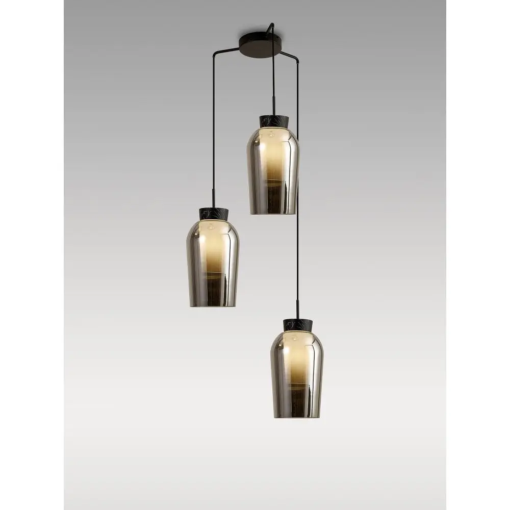 black chandelier with three lights at different levels