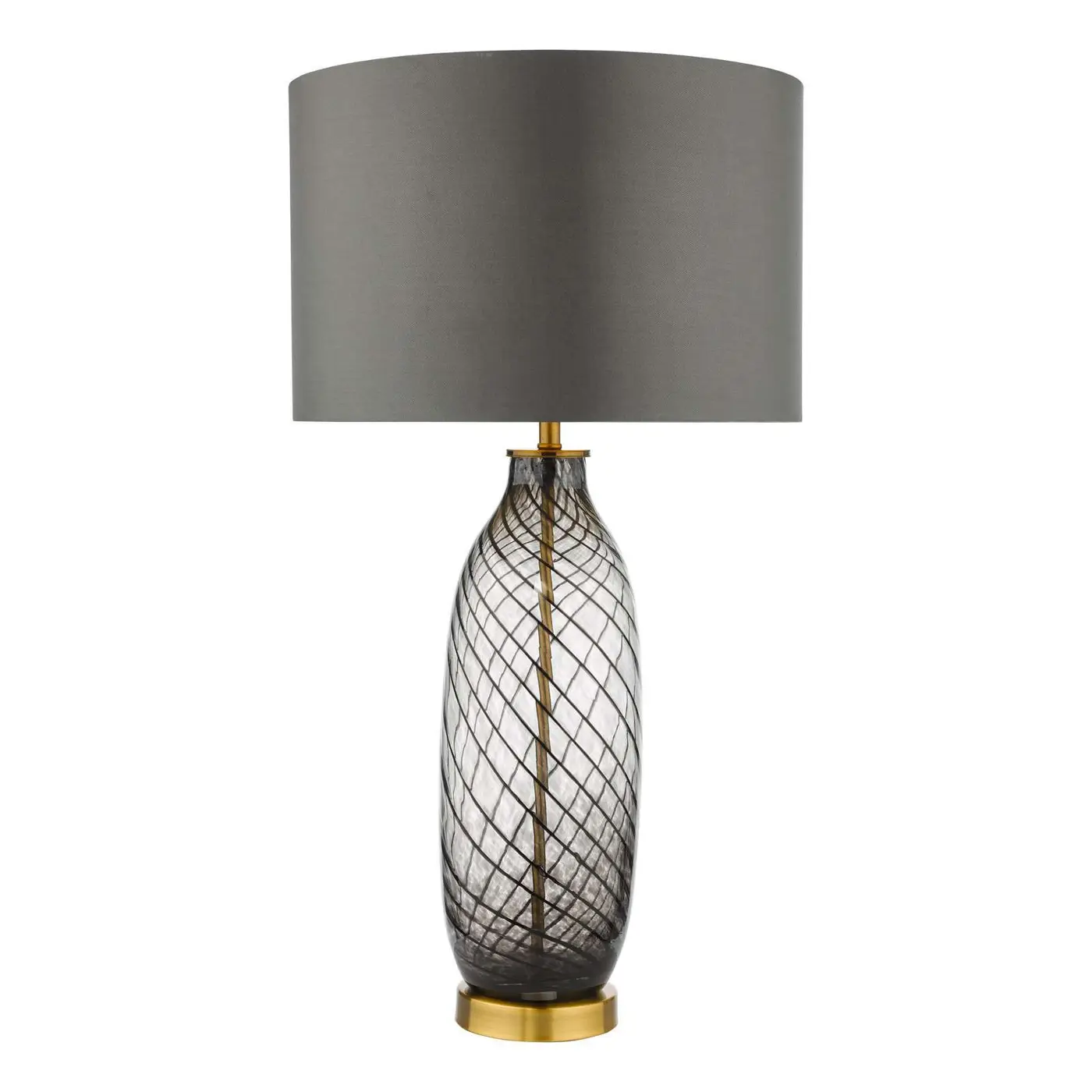 Elegant glass table lamp with a gold base and a soft grey shade.